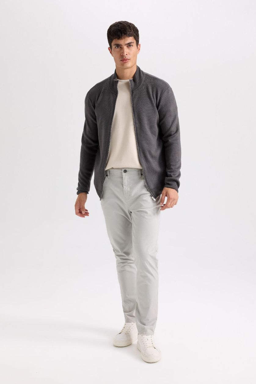 Erkek Açık Gri Yazlık Gabardin Chino Kanvas Pantolon Slim Fit Dar Kesim Dar Paça Cepli