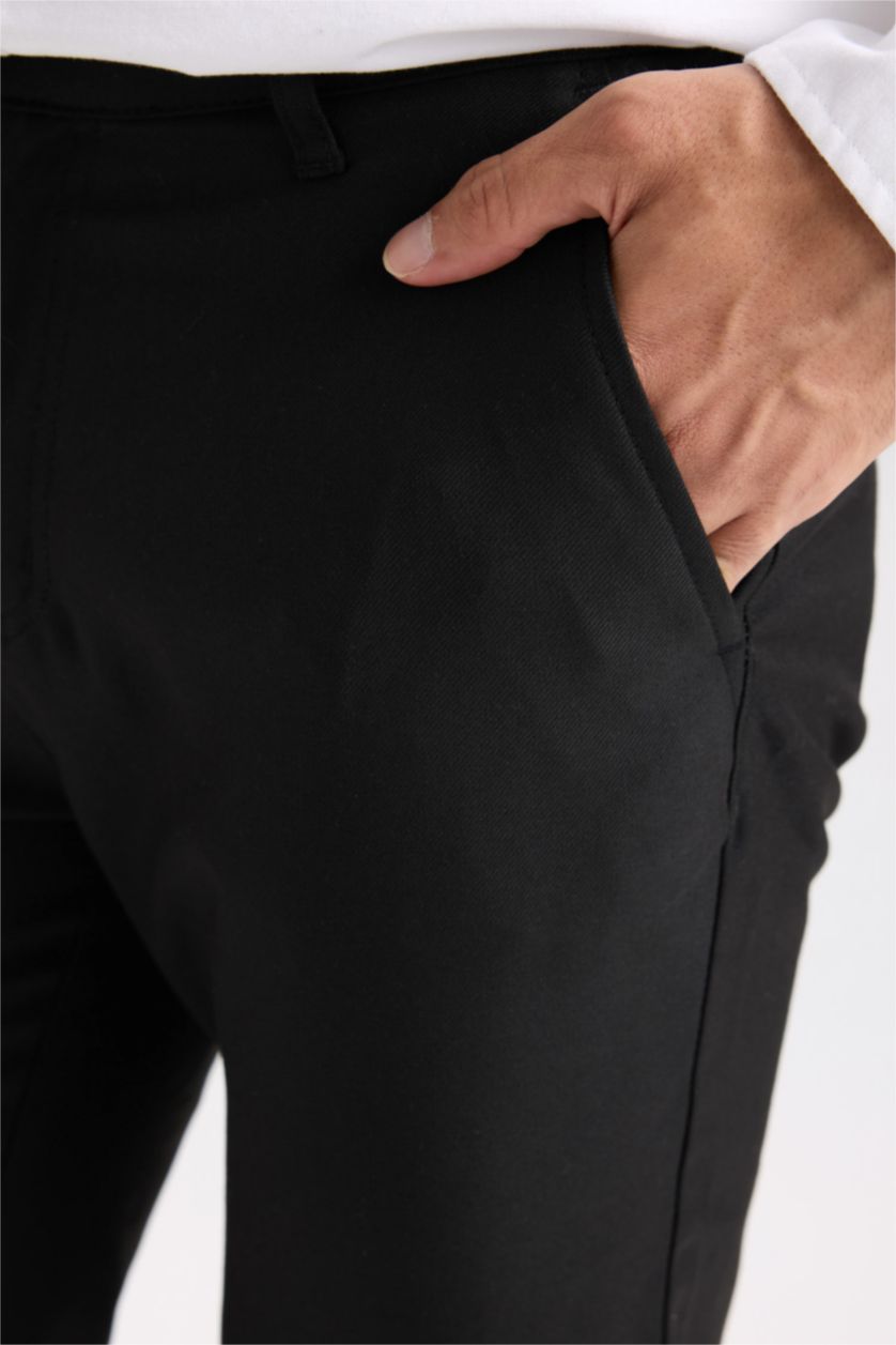 Erkek Siyah Twill Chino Kumaş Pantolon Slim Fit Dar Kesim Dar Paça Basic Düz Cepli