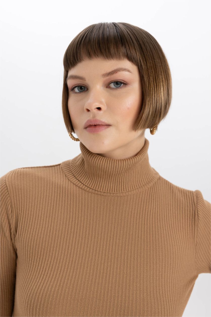 WOMAN Camel Fitted Turtleneck Knit Pullover