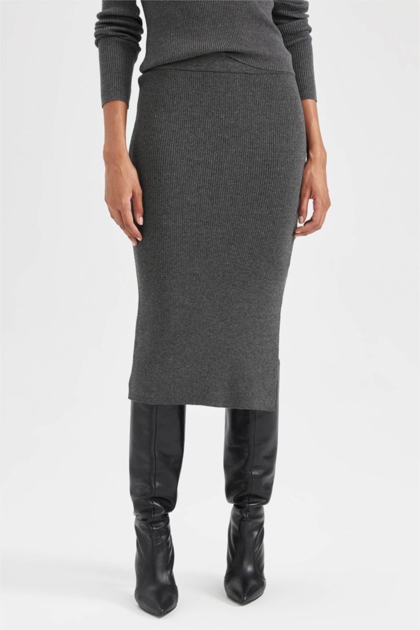 WOMAN Anthracite Slim Fit Ribana Skirt