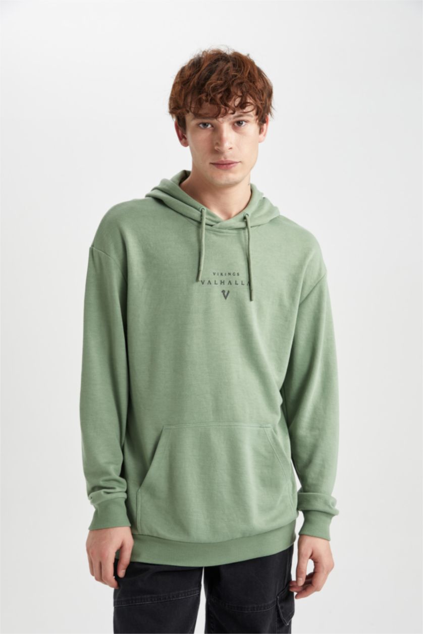 HOMME Vert Clair Sweat- Shirt Box Fit Encapuchonné Imprimé Vikings Valhalla