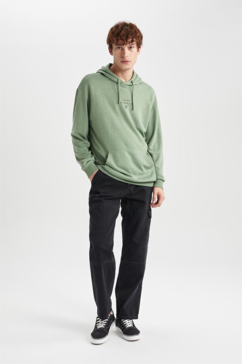 HOMME Vert Clair Sweat- Shirt Box Fit Encapuchonné Imprimé Vikings Valhalla