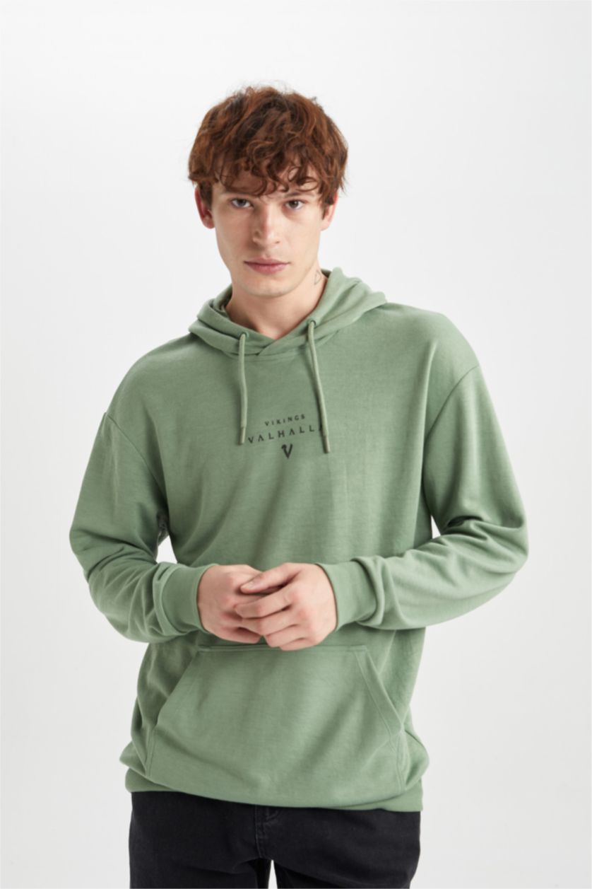 HOMME Vert Clair Sweat- Shirt Box Fit Encapuchonné Imprimé Vikings Valhalla