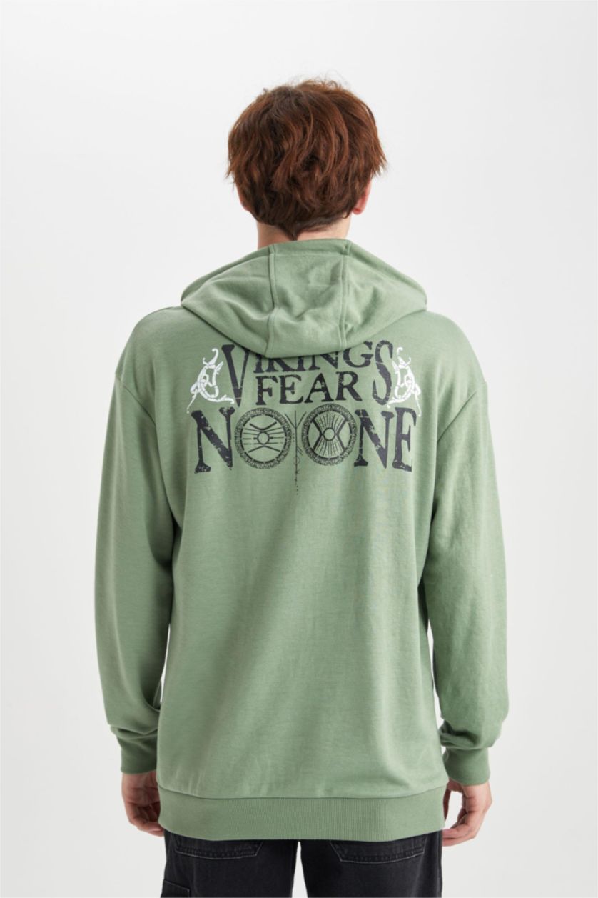HOMME Vert Clair Sweat- Shirt Box Fit Encapuchonné Imprimé Vikings Valhalla