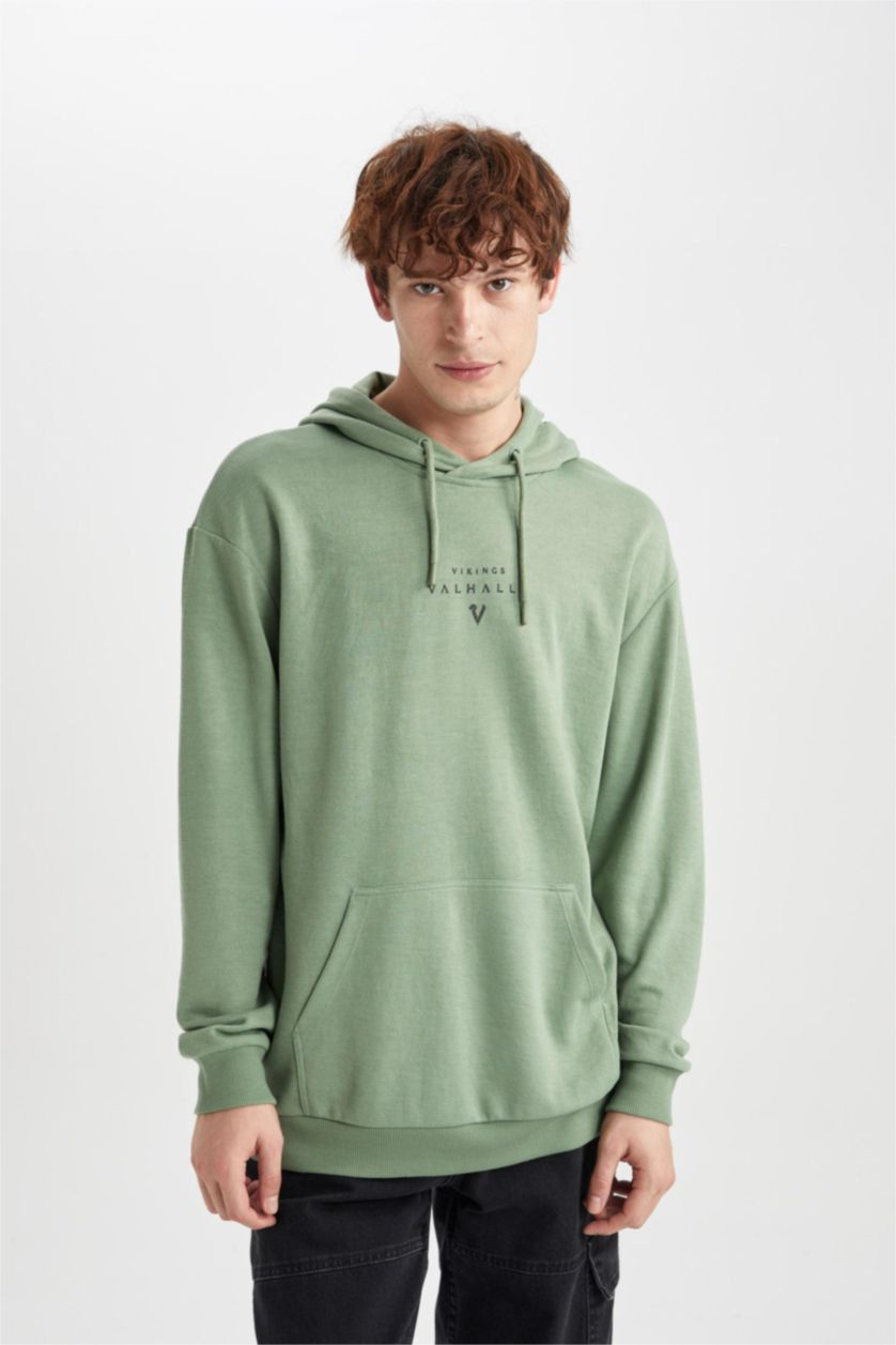 HOMME Vert Clair Sweat- Shirt Box Fit Encapuchonné Imprimé Vikings Valhalla