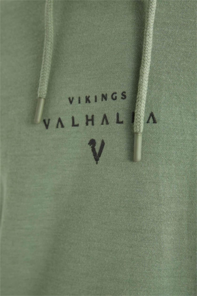 HOMME Vert Clair Sweat- Shirt Box Fit Encapuchonné Imprimé Vikings Valhalla