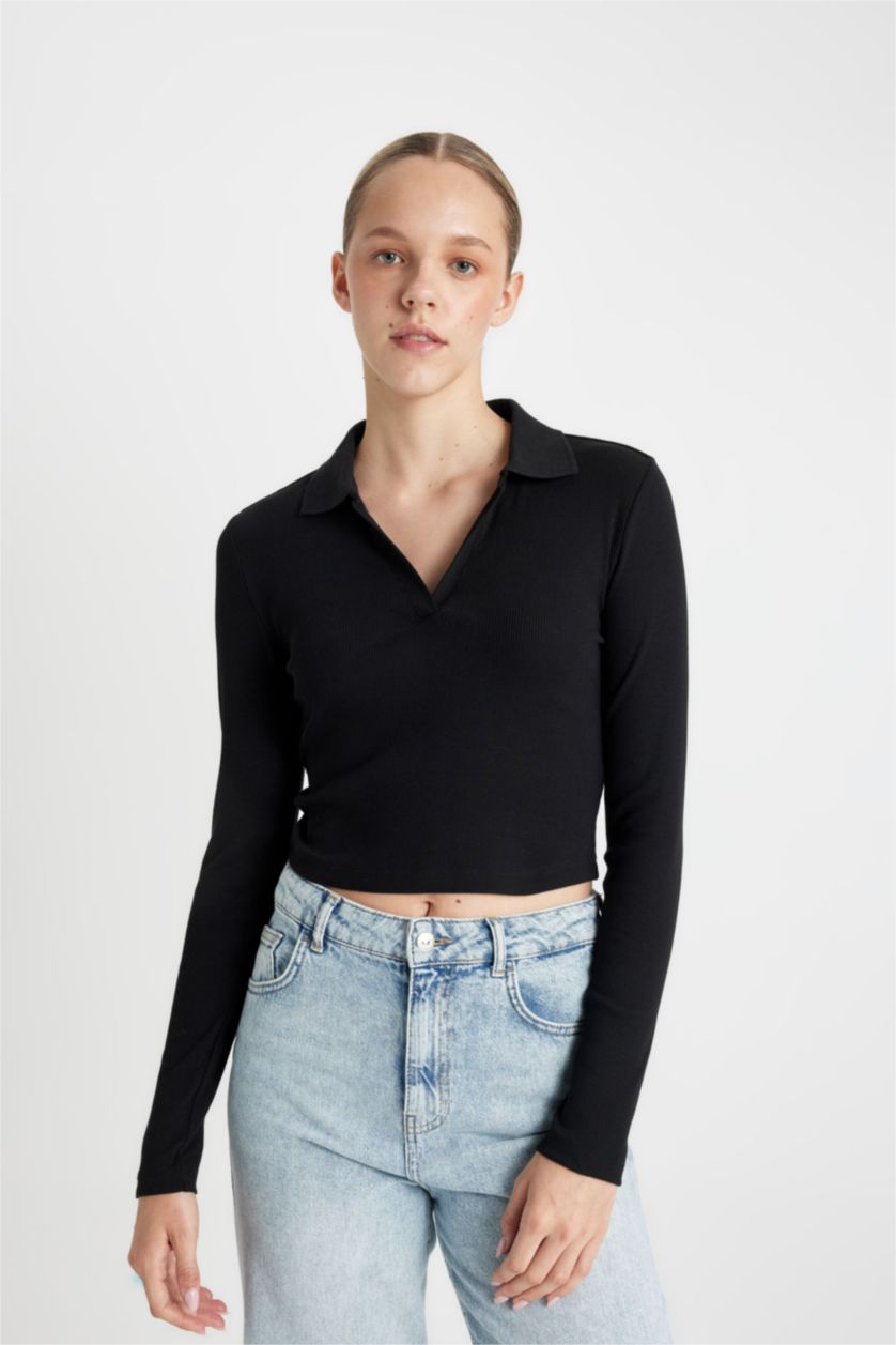 FEMME Noir T-Shirt À Manches Longues En Tricot Coupe Slim Col Polo