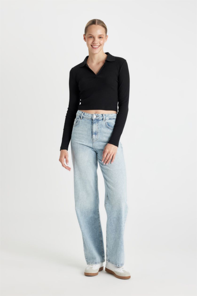 FEMME Noir T-Shirt À Manches Longues En Tricot Coupe Slim Col Polo