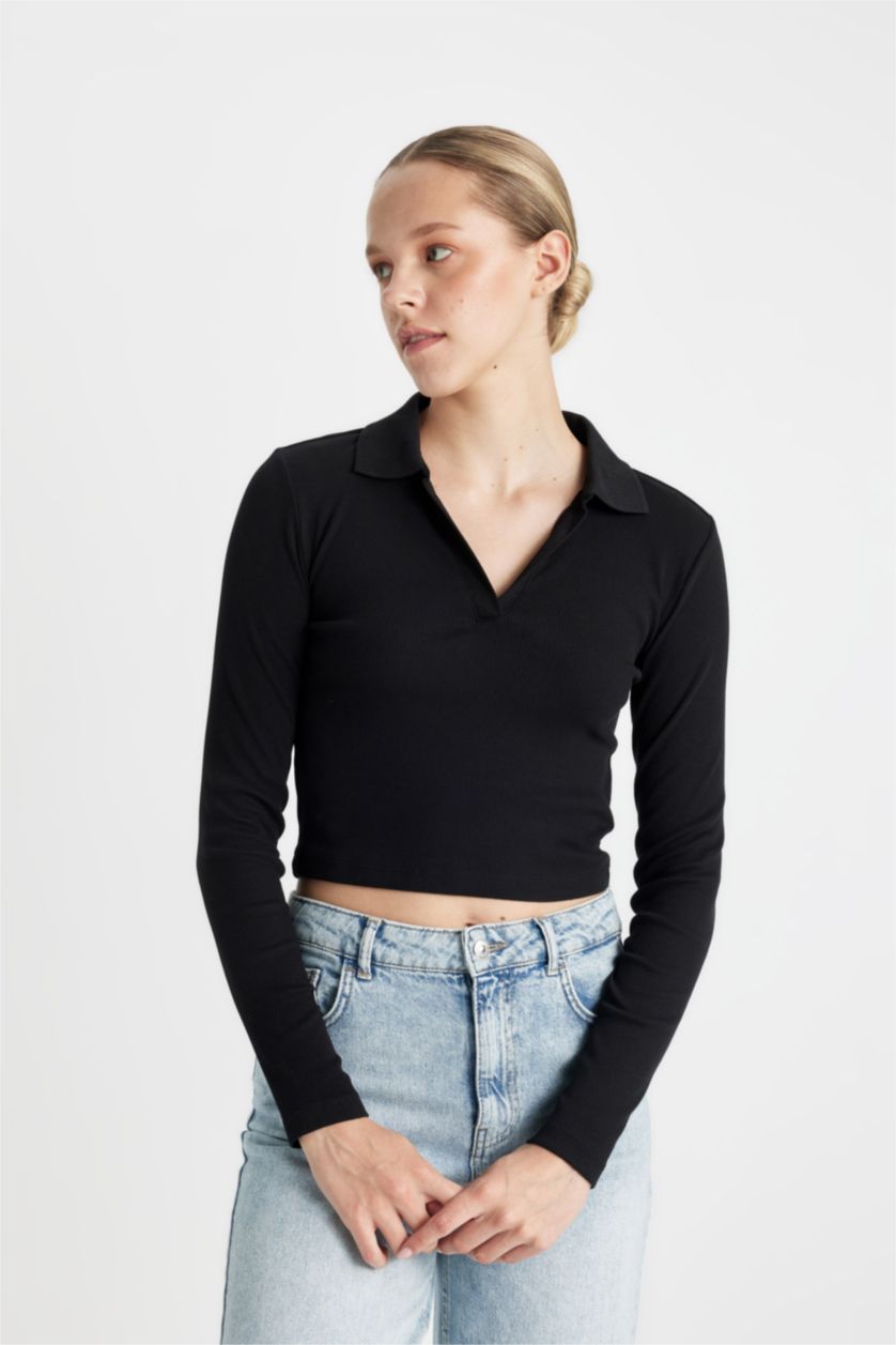 FEMME Noir T-Shirt À Manches Longues En Tricot Coupe Slim Col Polo