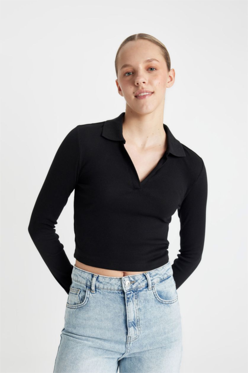 FEMME Noir T-Shirt À Manches Longues En Tricot Coupe Slim Col Polo