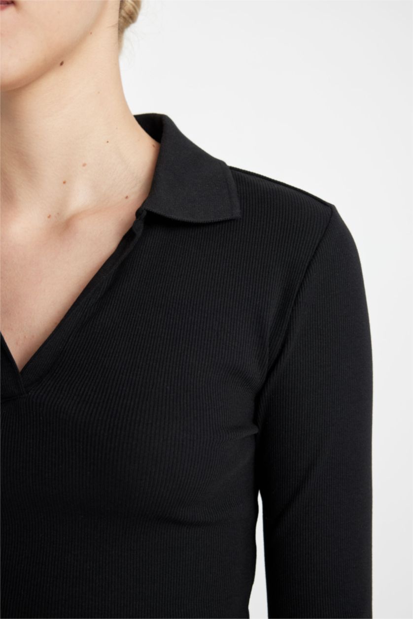 FEMME Noir T-Shirt À Manches Longues En Tricot Coupe Slim Col Polo