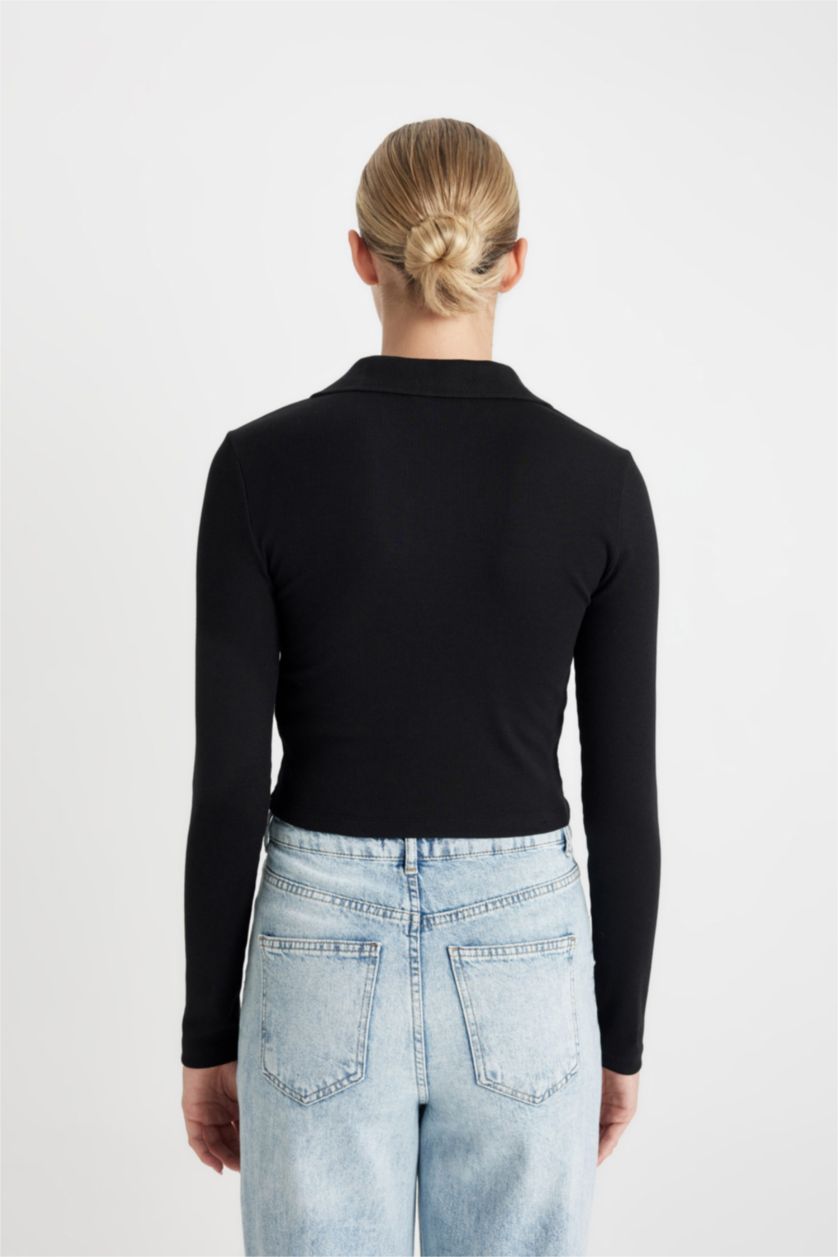 FEMME Noir T-Shirt À Manches Longues En Tricot Coupe Slim Col Polo