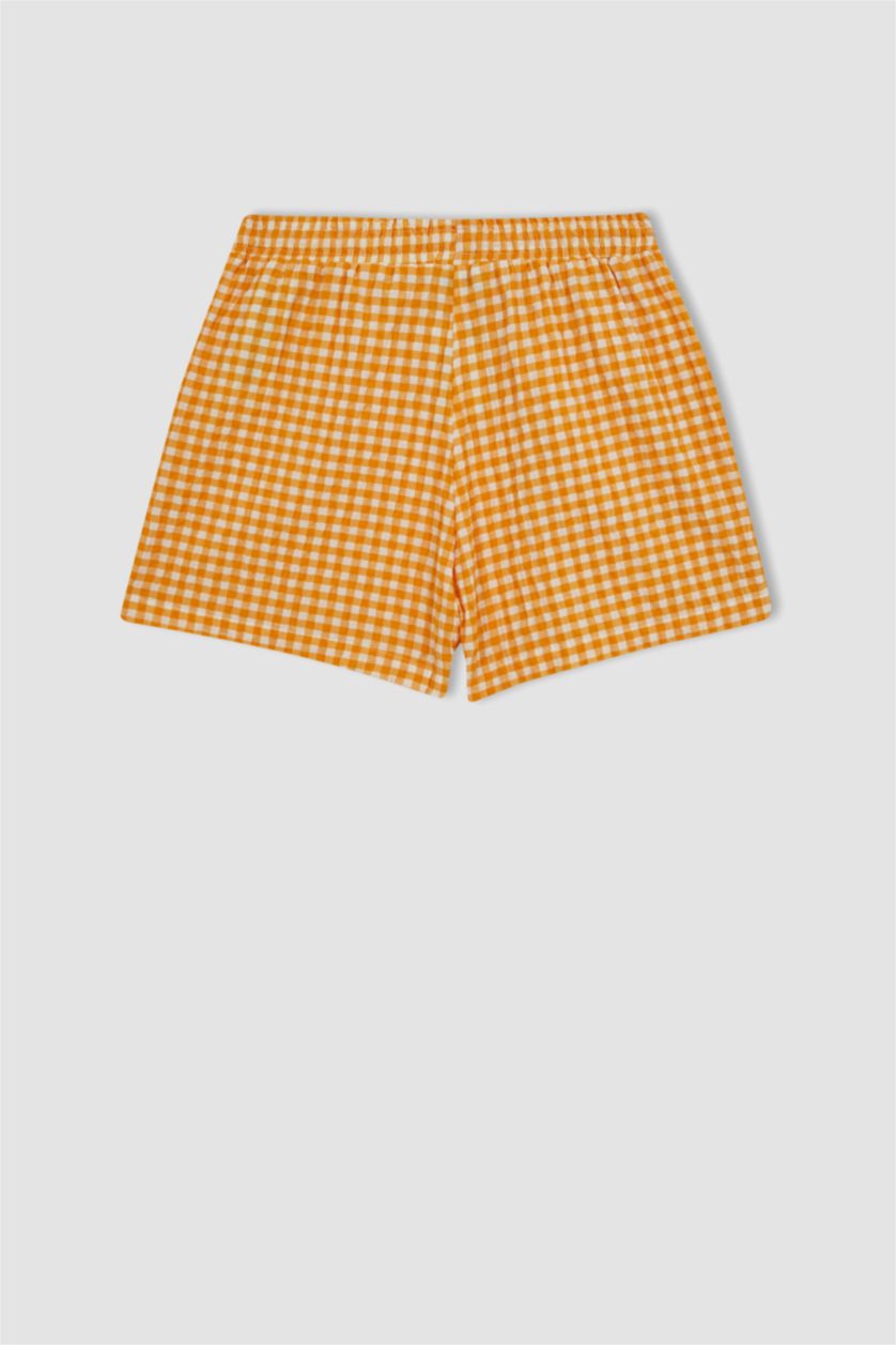 Kadın Turuncu Regular Fit Kareli Krinkıl Şort
