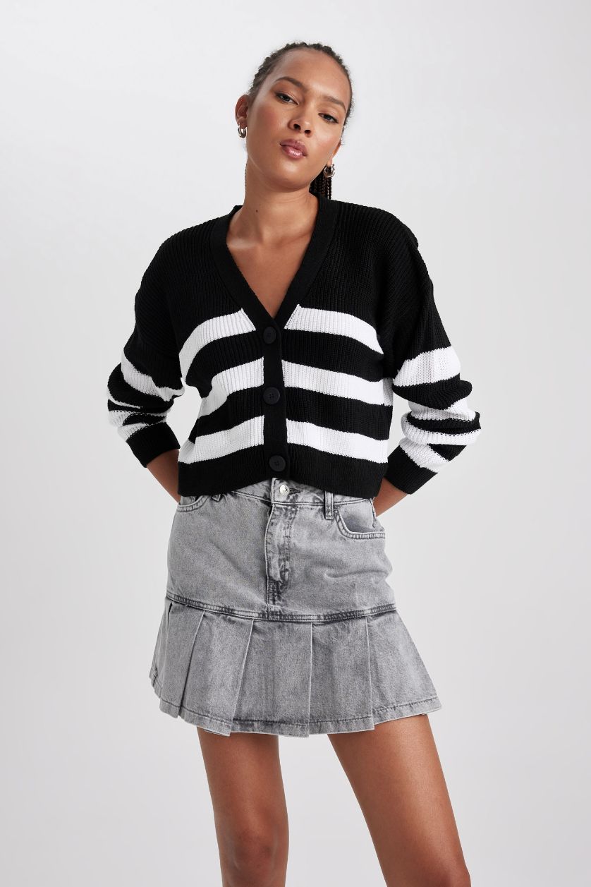 Kadın Gri A Form Jean Pileli Mini Etek