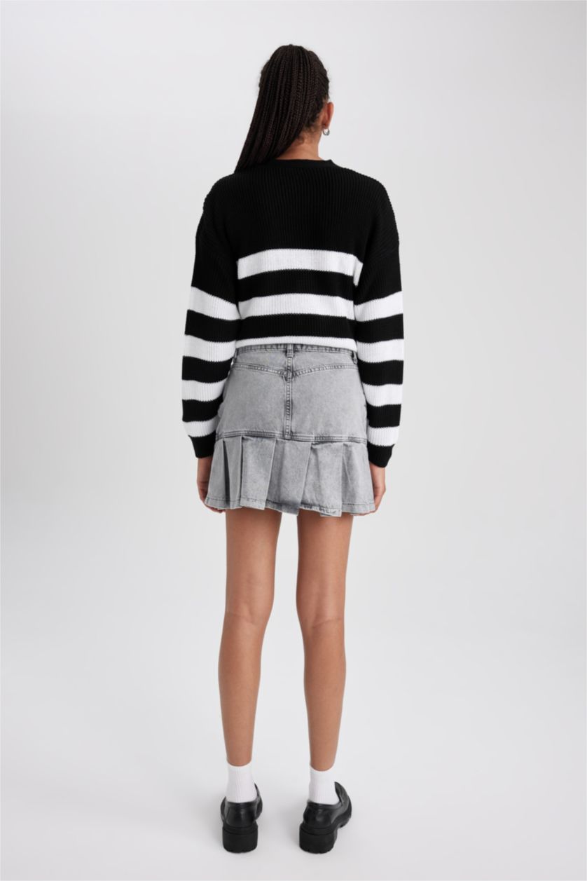 Kadın Gri A Form Jean Pileli Mini Etek