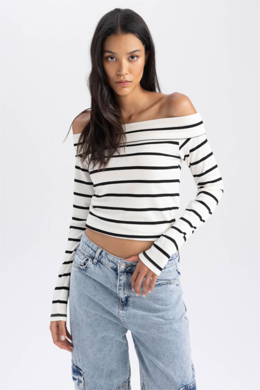 Kadın Ekru Slım Fıt Omzu Açık Çizgili Fitilli Kaşkorse Uzun Kollu Tişört