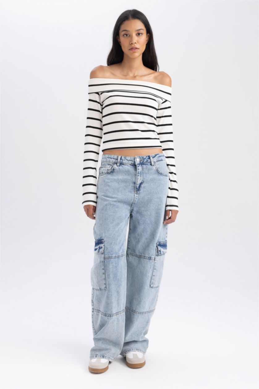 Kadın Ekru Slım Fıt Omzu Açık Çizgili Fitilli Kaşkorse Uzun Kollu Tişört