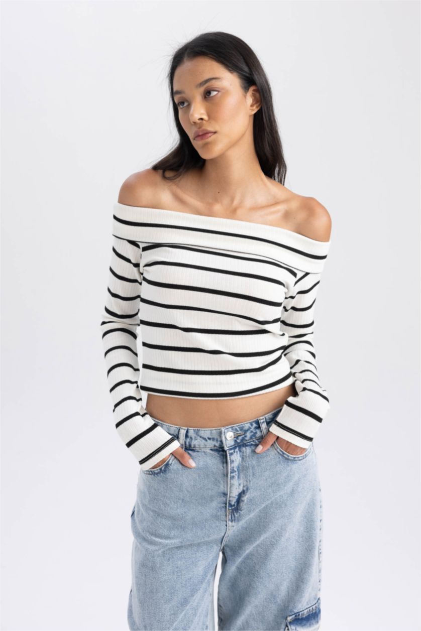 Kadın Ekru Slım Fıt Omzu Açık Çizgili Fitilli Kaşkorse Uzun Kollu Tişört