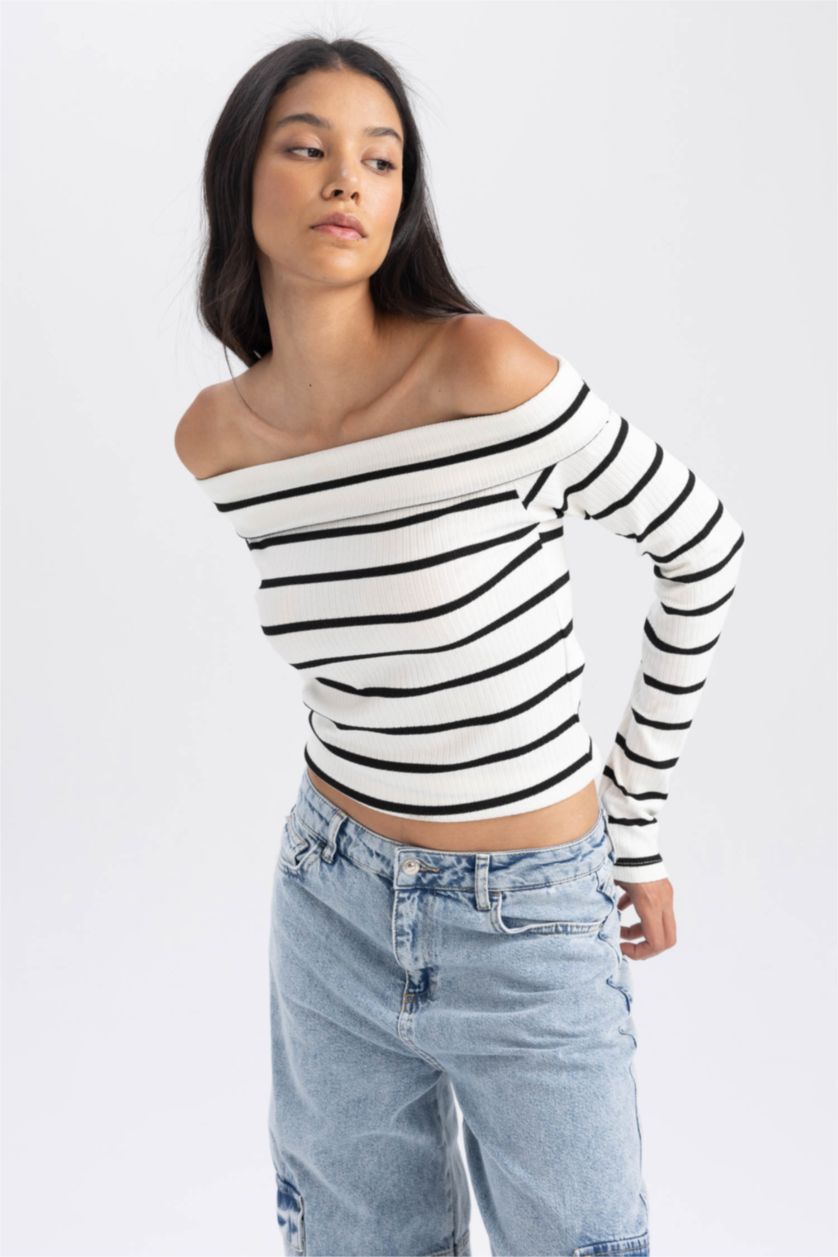 Kadın Ekru Slım Fıt Omzu Açık Çizgili Fitilli Kaşkorse Uzun Kollu Tişört