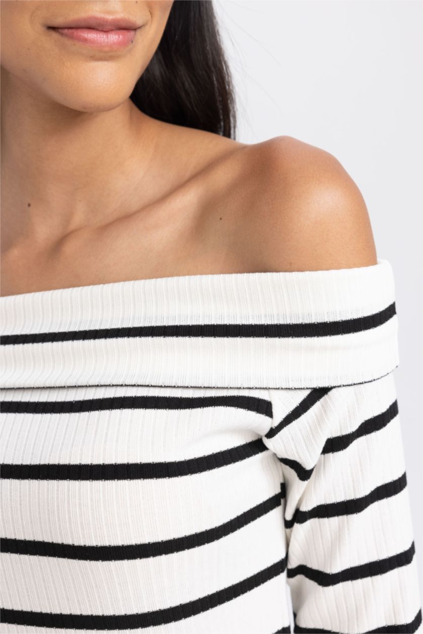 Kadın Ekru Slım Fıt Omzu Açık Çizgili Fitilli Kaşkorse Uzun Kollu Tişört