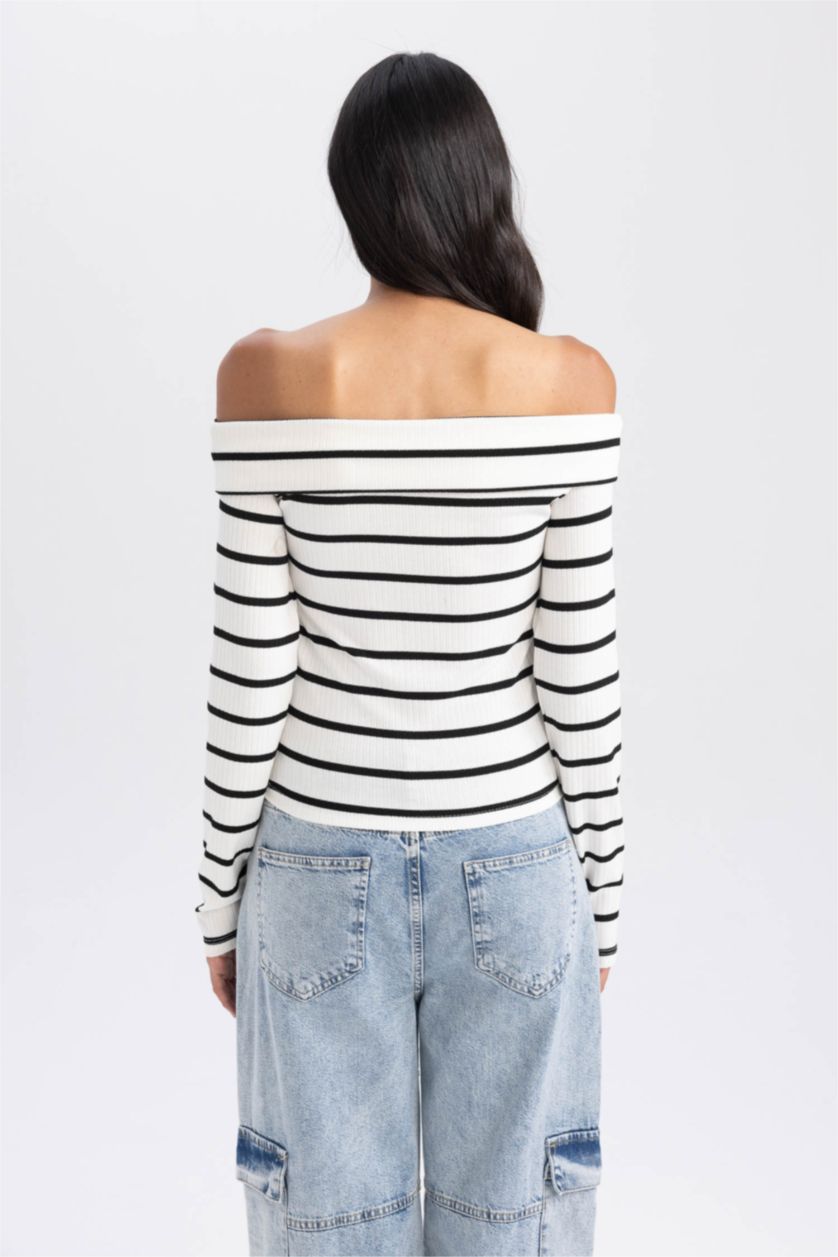 Kadın Ekru Slım Fıt Omzu Açık Çizgili Fitilli Kaşkorse Uzun Kollu Tişört
