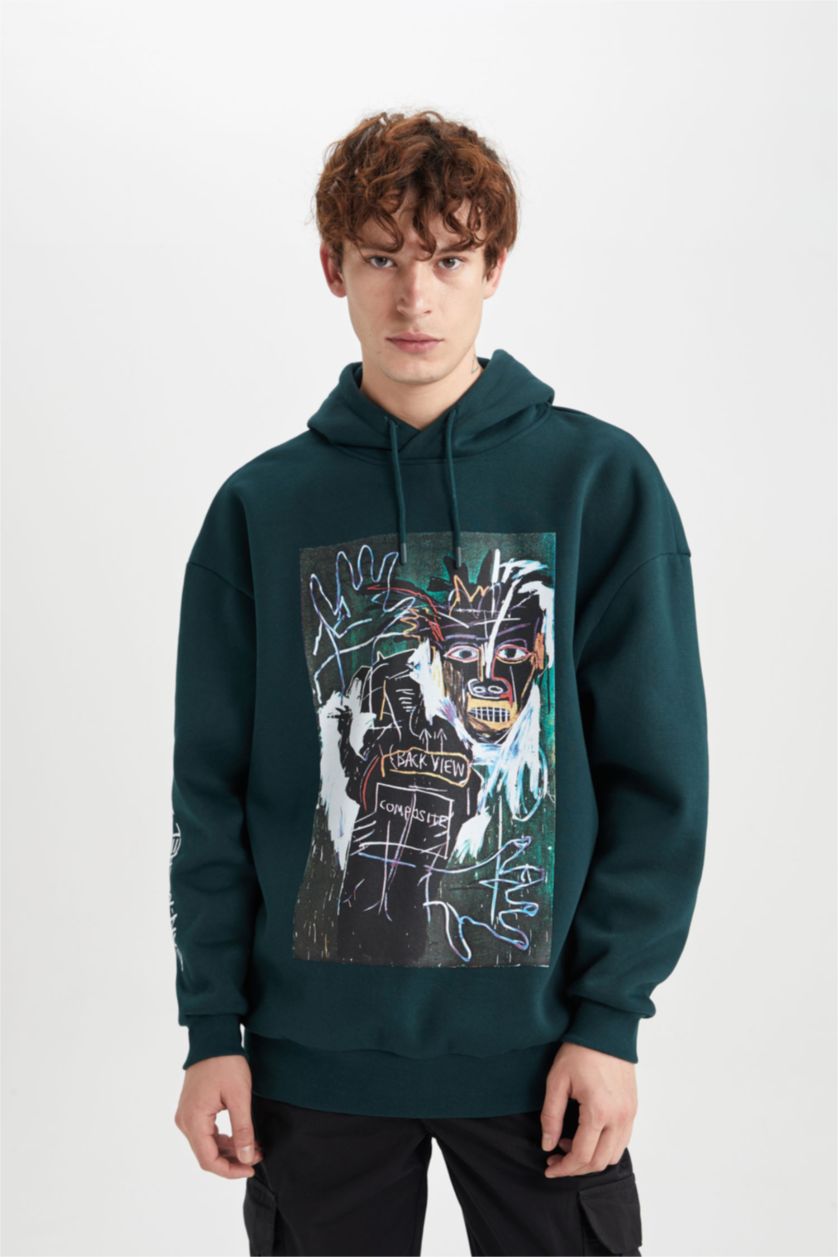 MAN Green Jean Michel Basquiat Oversize Fit Hooded Heavy Fabric Sweatshirt