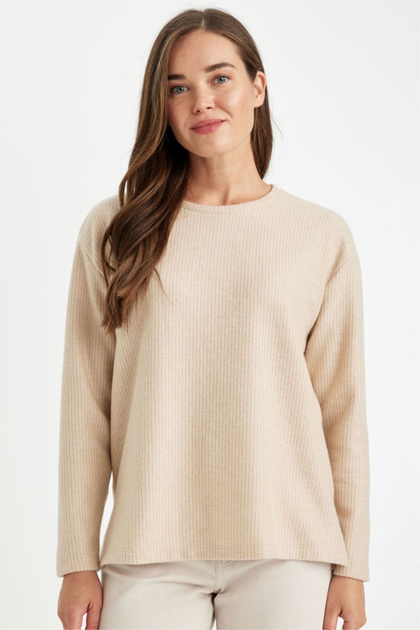 FEMME Beige T-Shirt À Manches Longues En Tricot Coupe décontractée Col Ras Du Cou