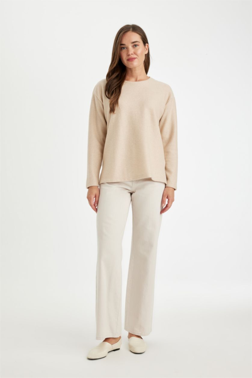 FEMME Beige T-Shirt À Manches Longues En Tricot Coupe décontractée Col Ras Du Cou