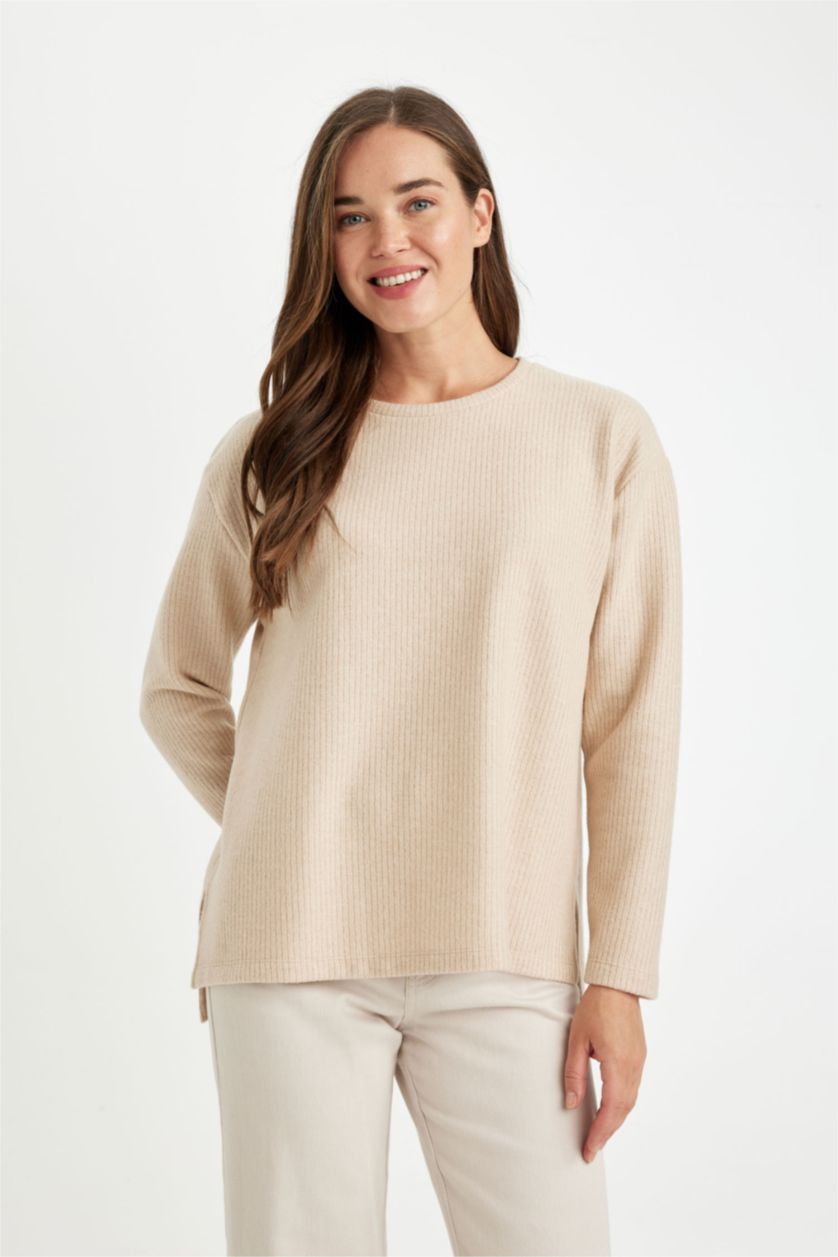 FEMME Beige T-Shirt À Manches Longues En Tricot Coupe décontractée Col Ras Du Cou