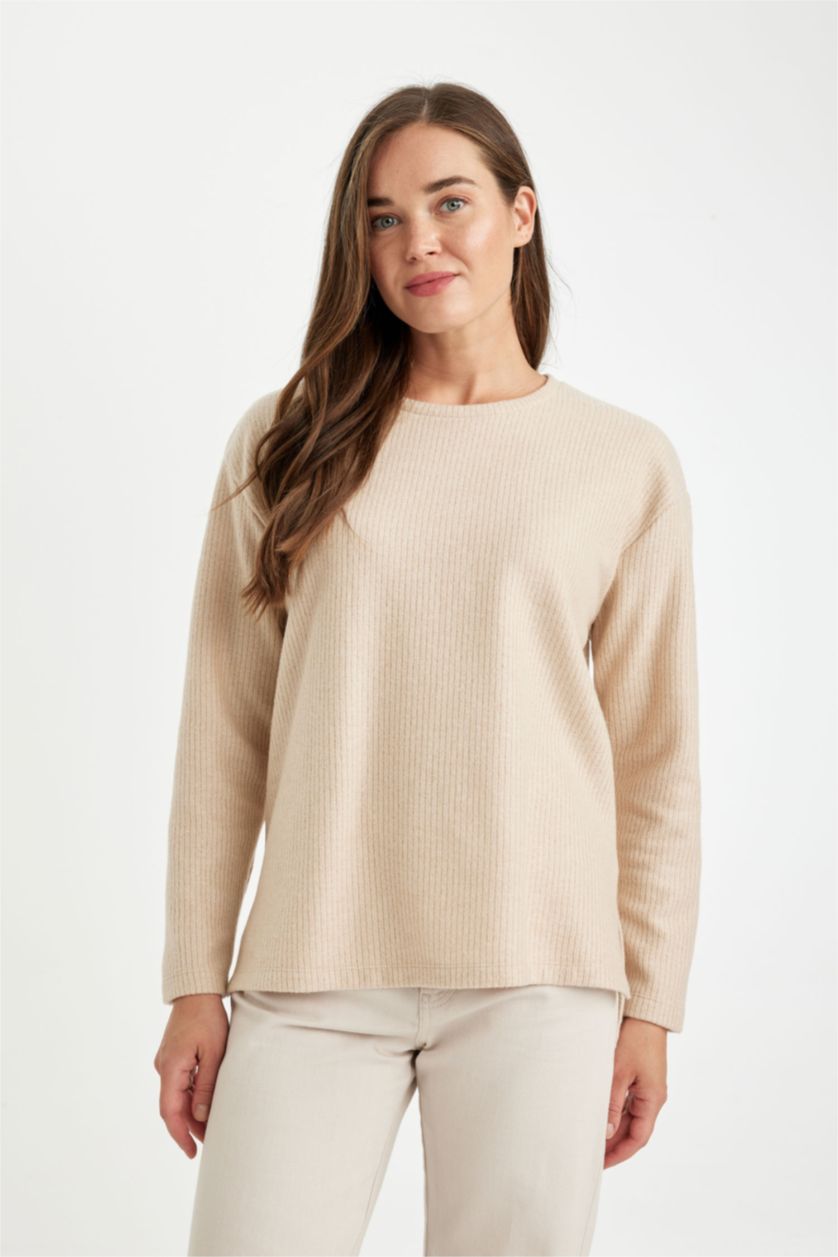 FEMME Beige T-Shirt À Manches Longues En Tricot Coupe décontractée Col Ras Du Cou