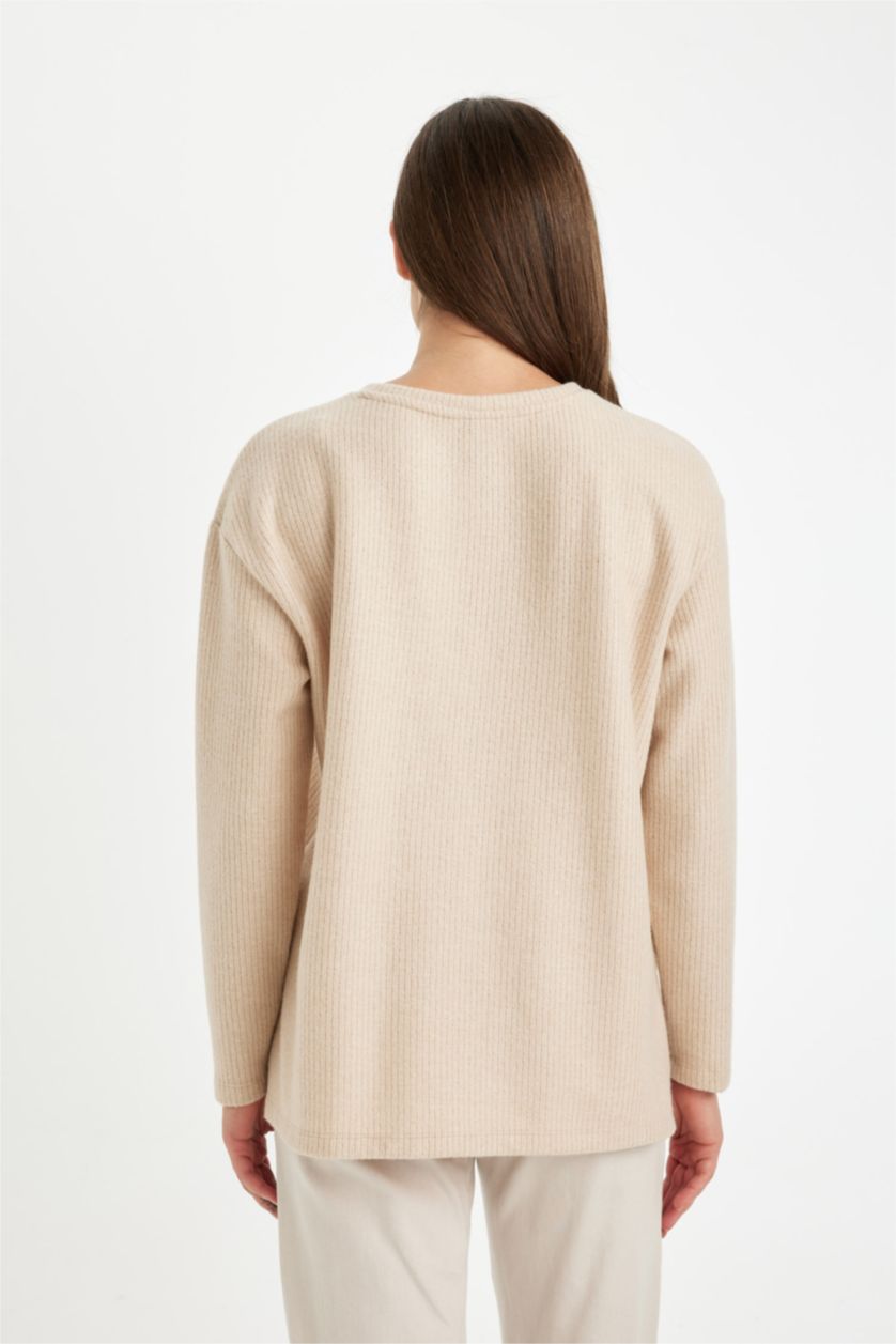 FEMME Beige T-Shirt À Manches Longues En Tricot Coupe décontractée Col Ras Du Cou