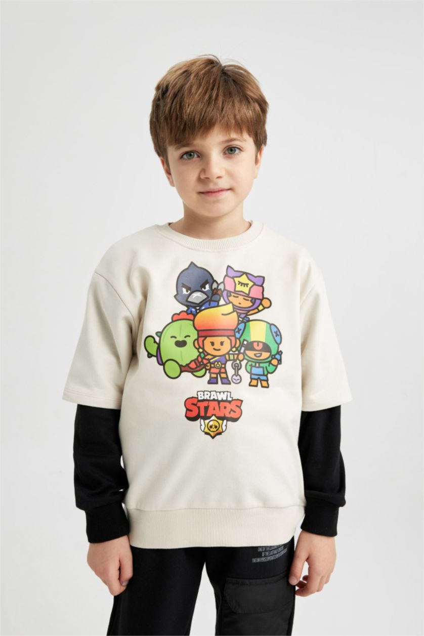 Boys & Teens Ecru Regular Fit Brawl Stars Crew Neck Sweatshirt