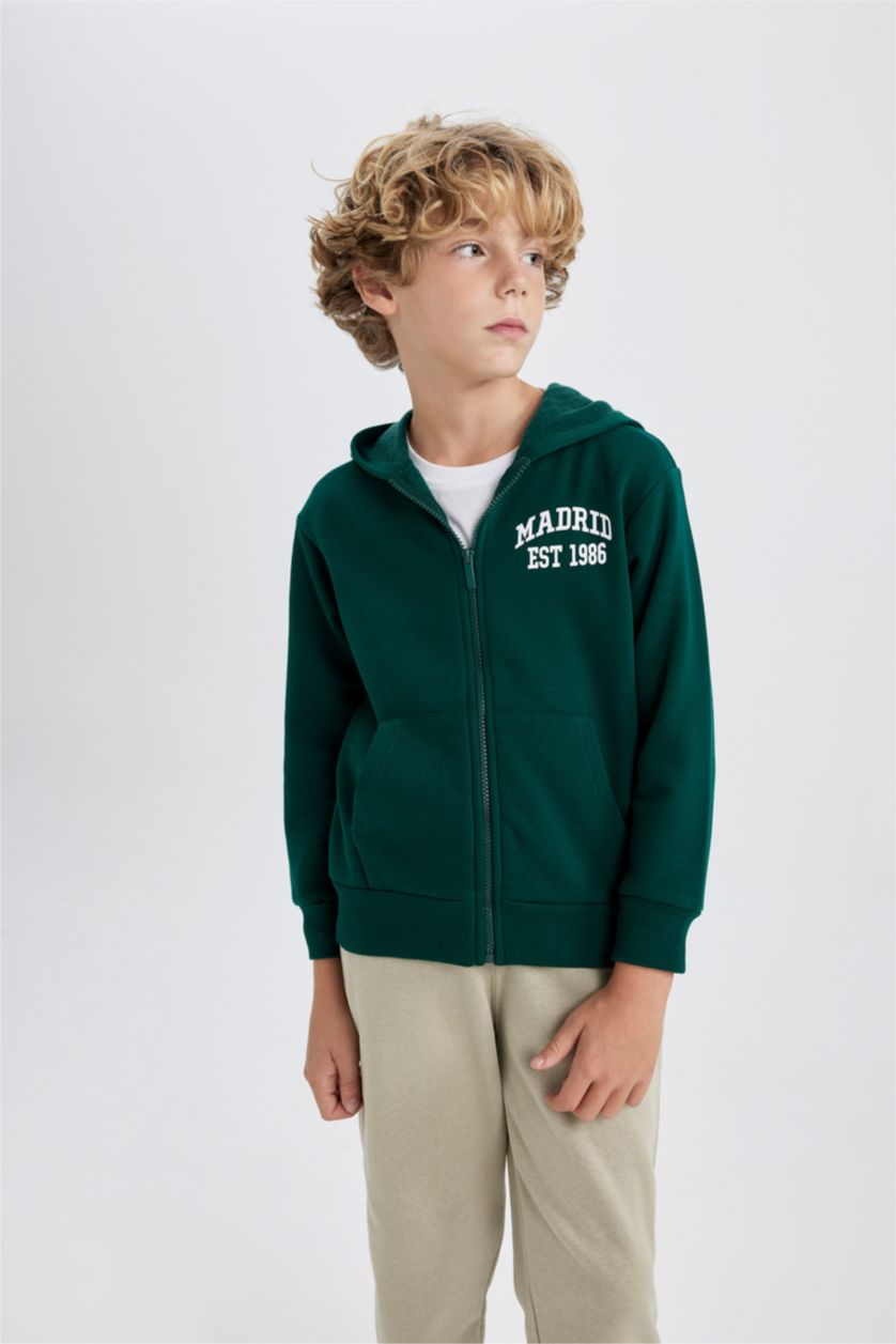 BOYS & TEENS Dark Green Regular Fit Hooded Cardigan
