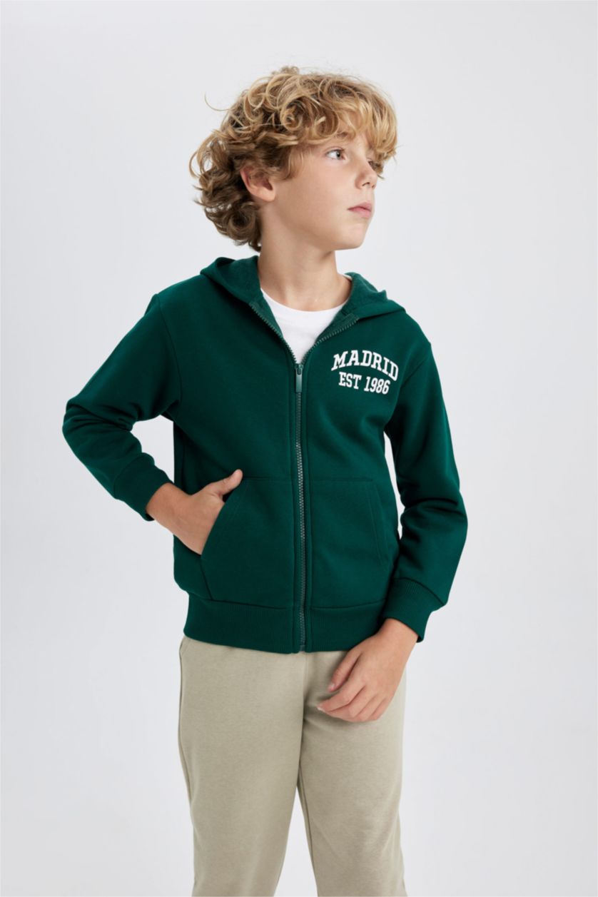 BOYS & TEENS Dark Green Regular Fit Hooded Cardigan