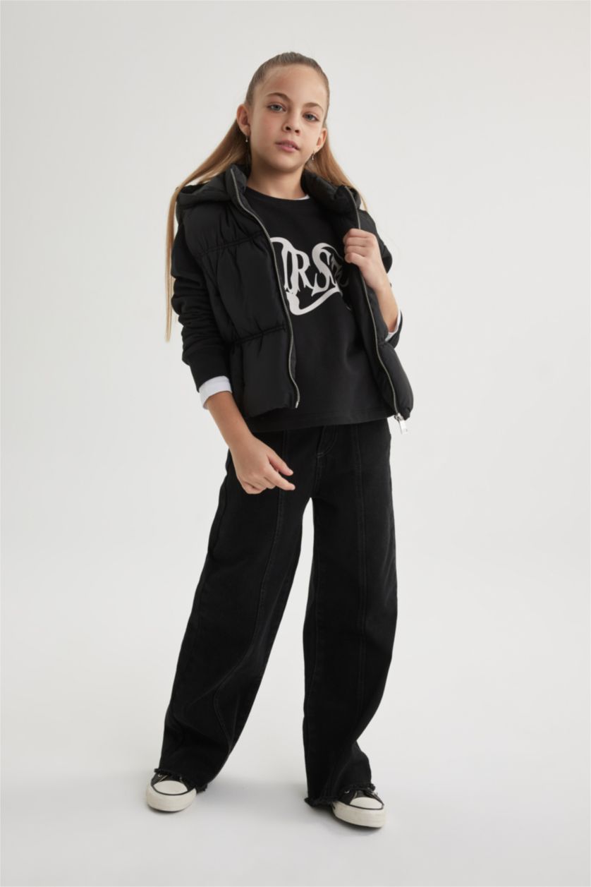 Kız Çocuk - Genç Kız Siyah Su İtici Kapüşonlu Basic Düz Şişme Yelek Kız Çocuk