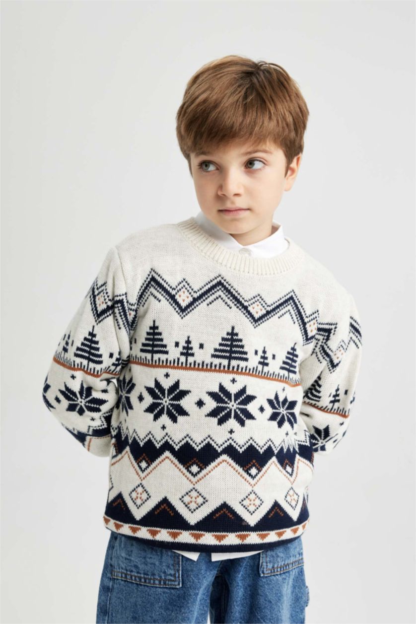 BOYS & TEENS Ecru Melange Boy New Year Themed Crew Neck Pullover
