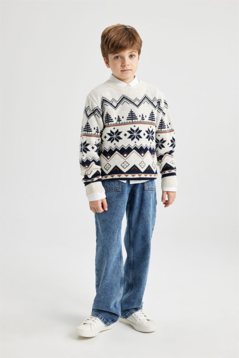 BOYS & TEENS Ecru Melange Boy New Year Themed Crew Neck Pullover