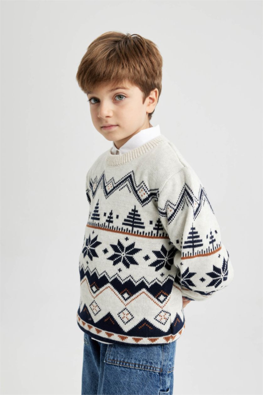 BOYS & TEENS Ecru Melange Boy New Year Themed Crew Neck Pullover