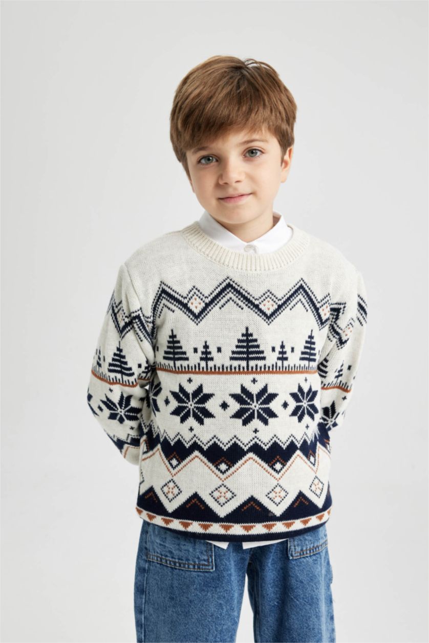 BOYS & TEENS Ecru Melange Boy New Year Themed Crew Neck Pullover