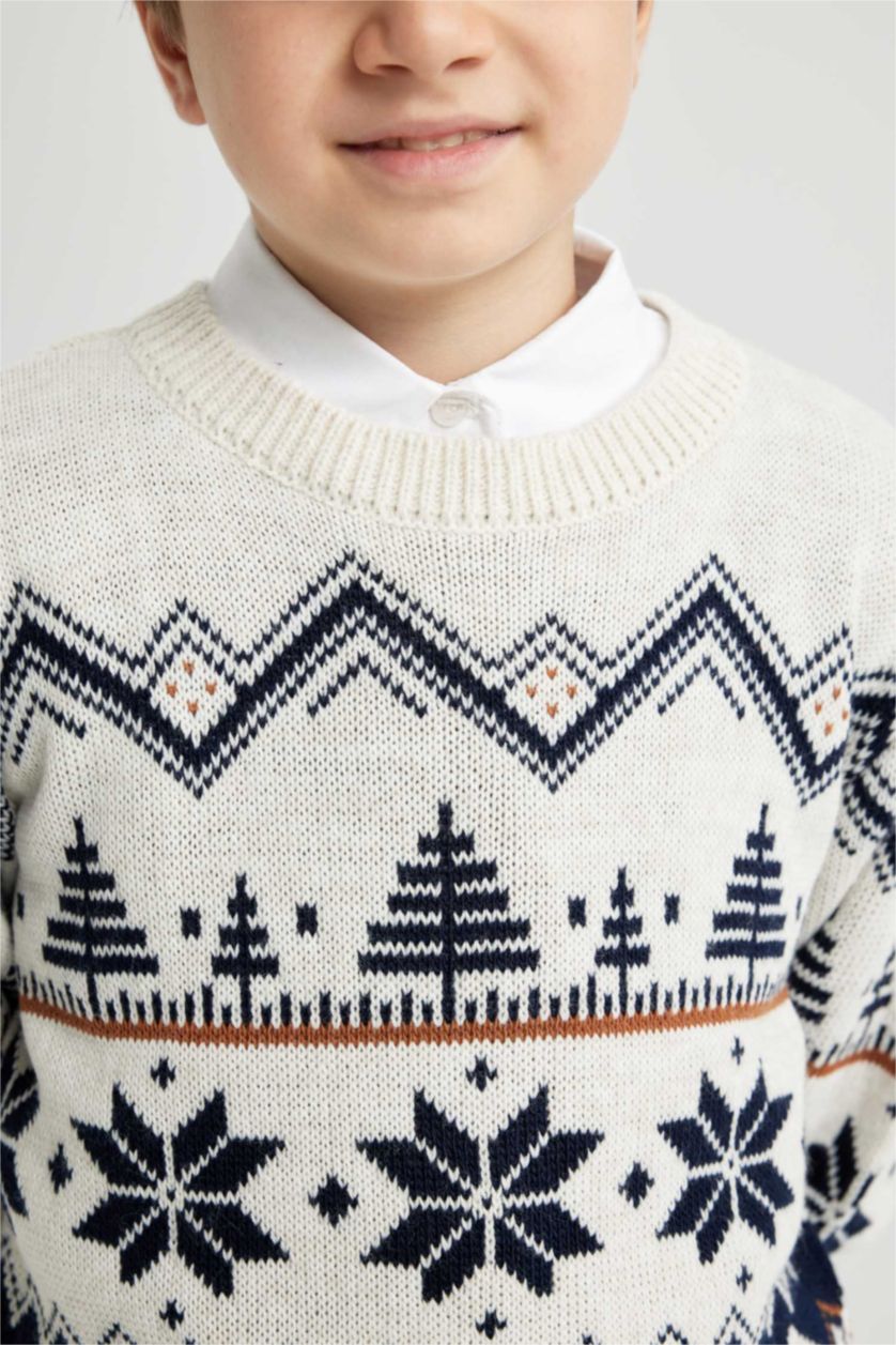 BOYS & TEENS Ecru Melange Boy New Year Themed Crew Neck Pullover