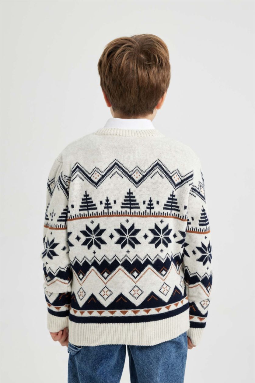 BOYS & TEENS Ecru Melange Boy New Year Themed Crew Neck Pullover