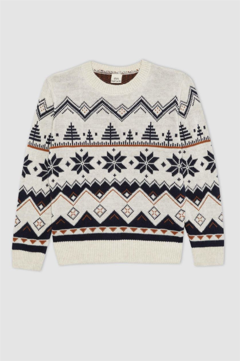 BOYS & TEENS Ecru Melange Boy New Year Themed Crew Neck Pullover