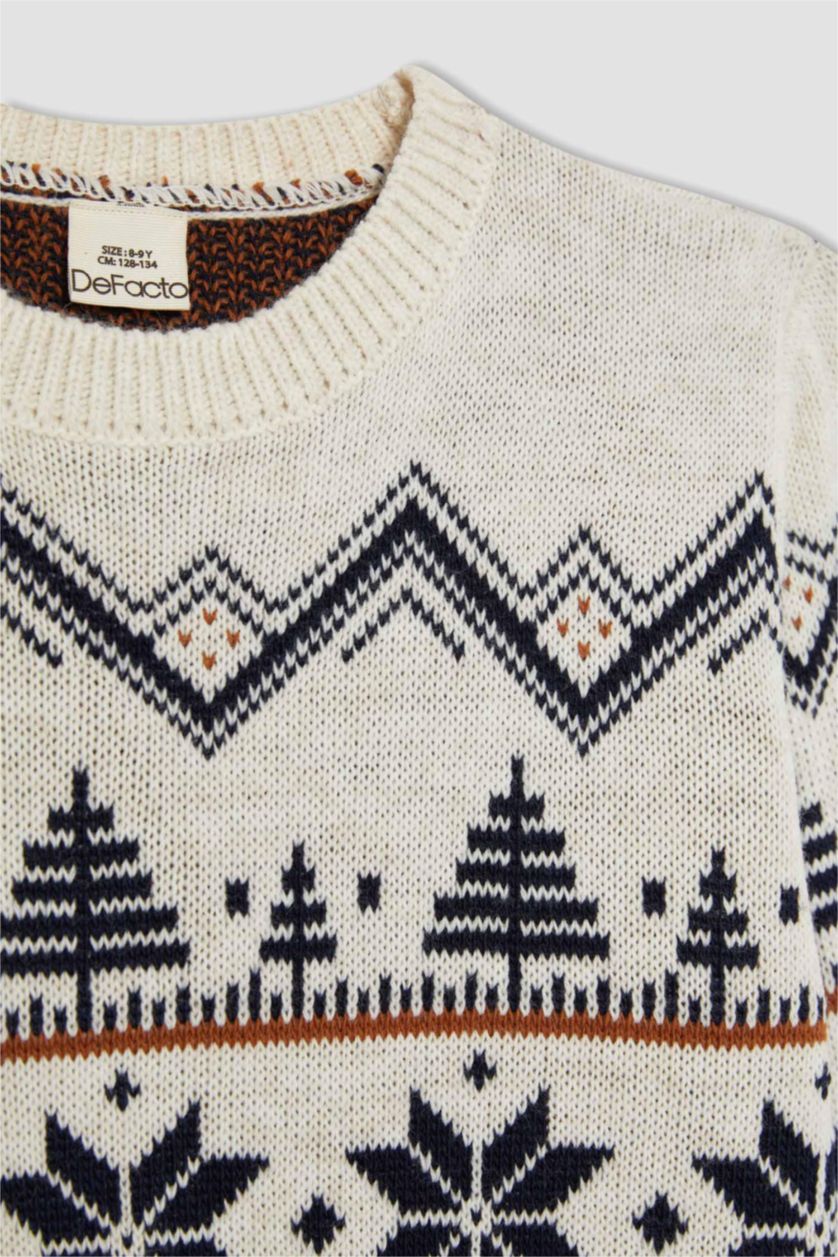 BOYS & TEENS Ecru Melange Boy New Year Themed Crew Neck Pullover