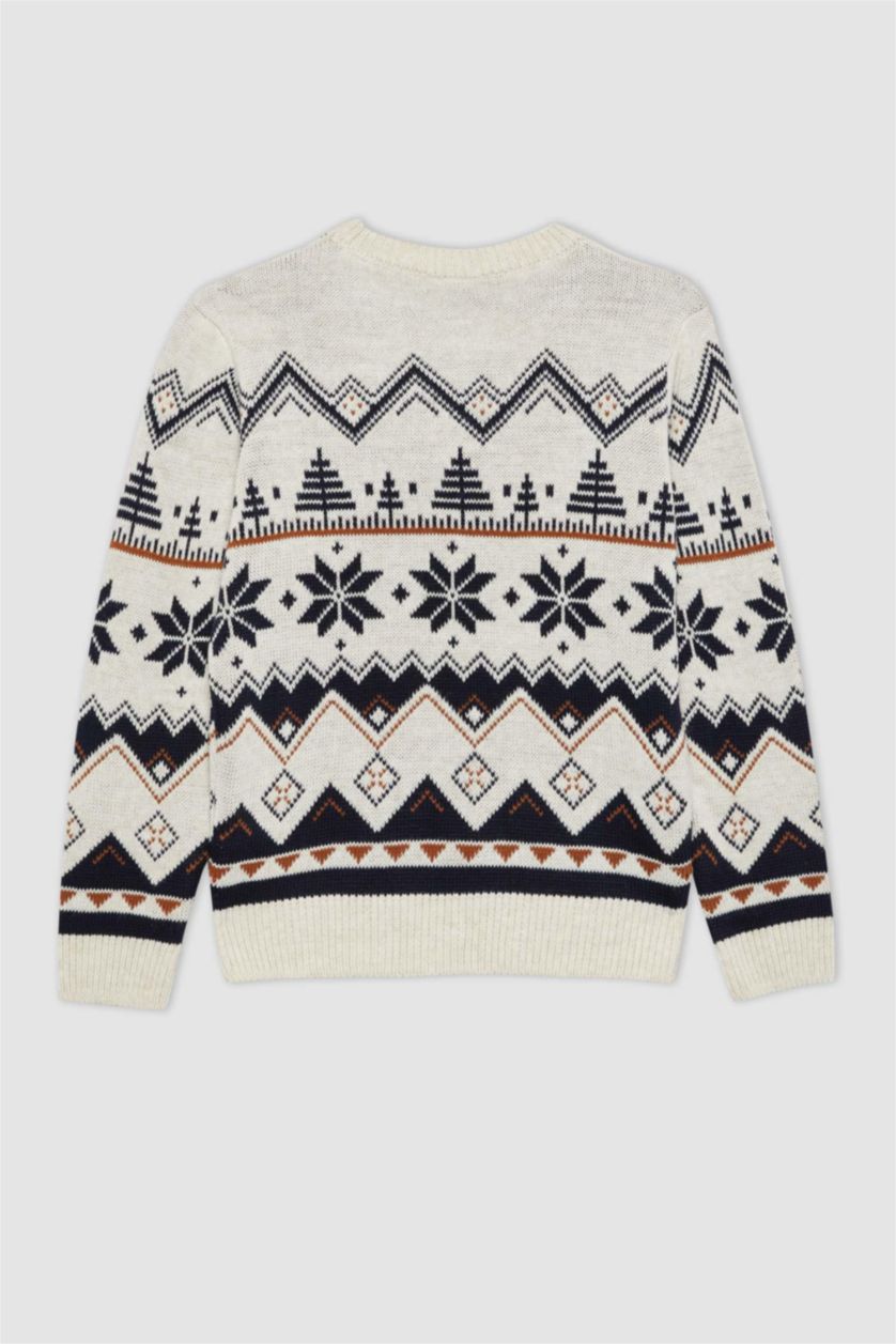 BOYS & TEENS Ecru Melange Boy New Year Themed Crew Neck Pullover