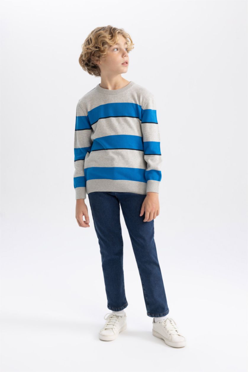 Erkek Çocuk - Genç Erkek Optik Gri Melanj Erkek Çocuk Bisiklet Yaka Çizgili Triko Kazak