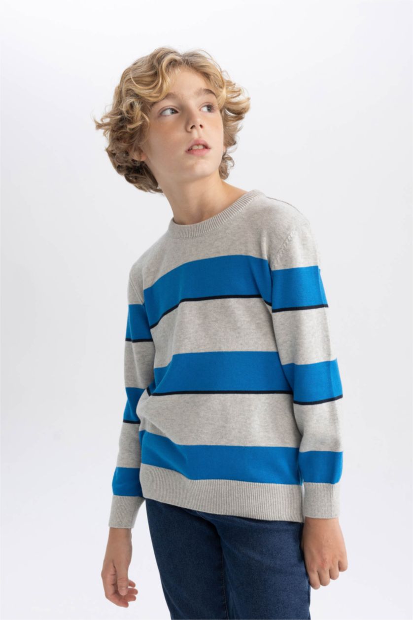 Erkek Çocuk - Genç Erkek Optik Gri Melanj Erkek Çocuk Bisiklet Yaka Çizgili Triko Kazak