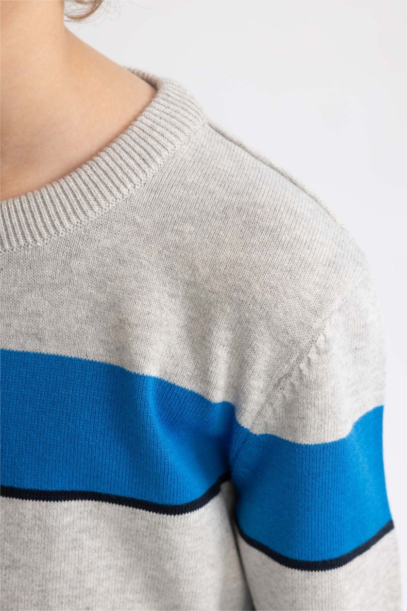 Erkek Çocuk - Genç Erkek Optik Gri Melanj Erkek Çocuk Bisiklet Yaka Çizgili Triko Kazak