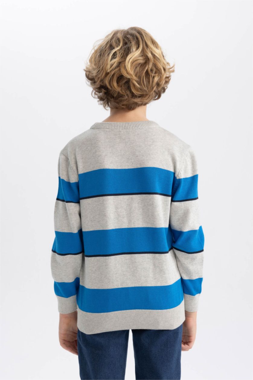 Erkek Çocuk - Genç Erkek Optik Gri Melanj Erkek Çocuk Bisiklet Yaka Çizgili Triko Kazak