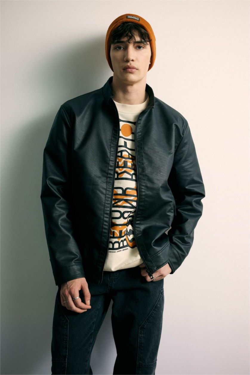 MAN Black Waterproof Regular Fit Stand Collar Faux Leather Jacket