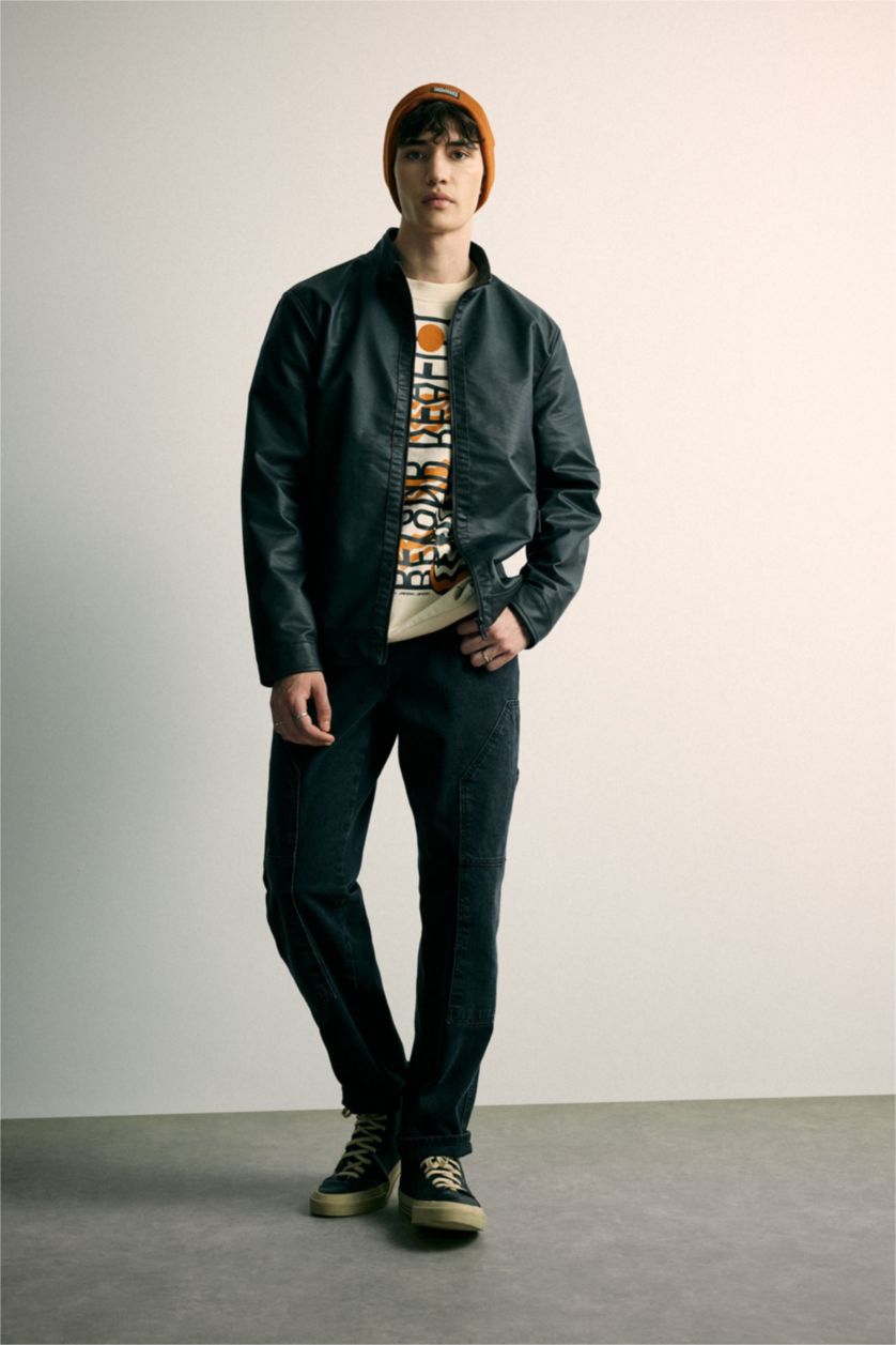 MAN Black Waterproof Regular Fit Stand Collar Faux Leather Jacket